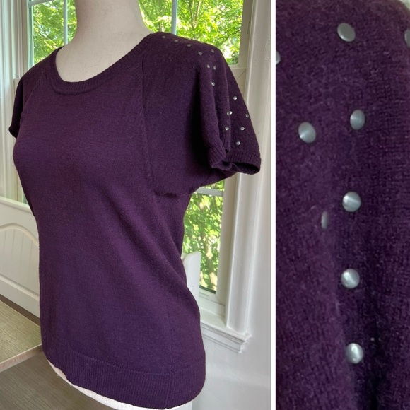 Marina Luna 100% Merino Wool Purple Embellished Short Sleeved Sweater Top - Picture 1 of 11